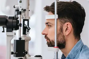 Close up of a man getting his eyes checked with an optometrist